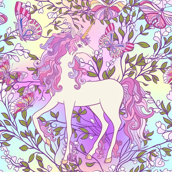 Tek boynuzlu at çok renkli yele, kelebek gökkuşağı, yıldız ve sevgi ile