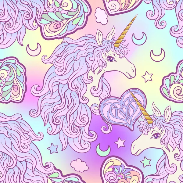 Tek boynuzlu at çok renkli yele, kelebek gökkuşağı, yıldız ve sevgi ile