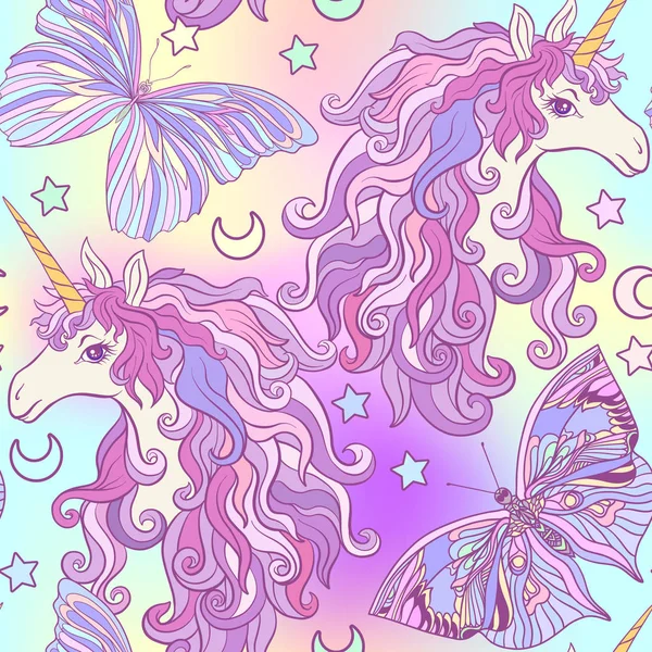 Unicornio con melena multicolor, arco iris mariposa, estrella y amor — Vector de stock