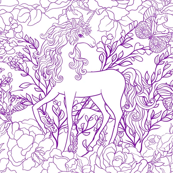 Unicornio con melena multicolor y flores de rosas. Patte sin costuras — Vector de stock