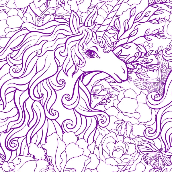 Tek boynuzlu at çok renkli yele, kelebek gökkuşağı, yıldız ve sevgi ile