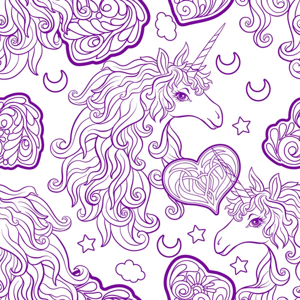 Tek boynuzlu at çok renkli yele, kelebek gökkuşağı, yıldız ve sevgi ile