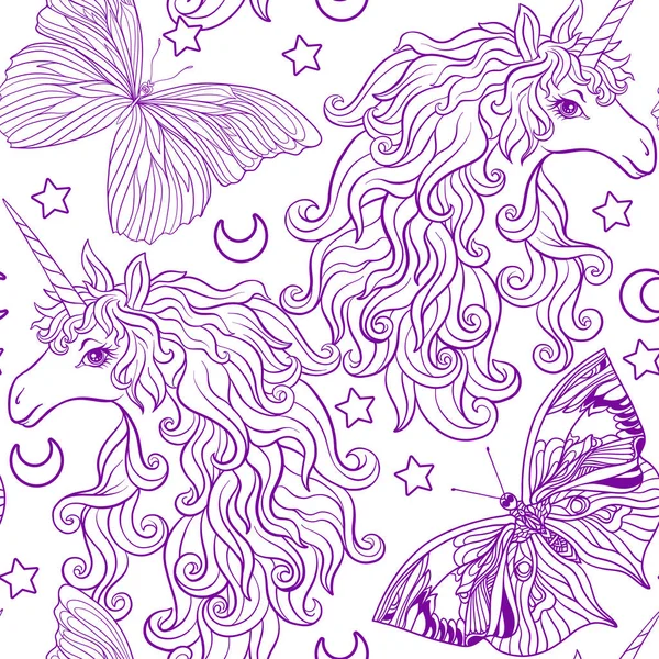 Tek boynuzlu at çok renkli yele, kelebek gökkuşağı, yıldız ve sevgi ile