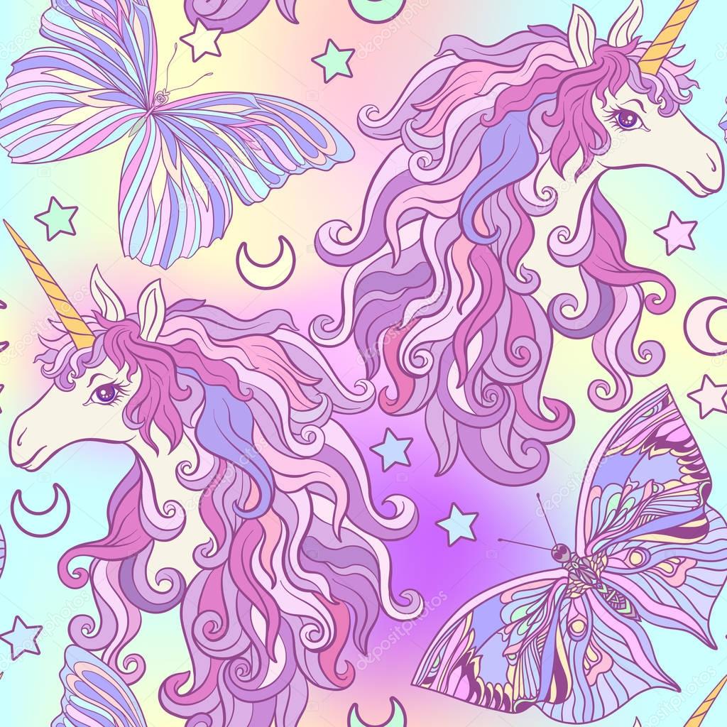 Unicorn with multicolored mane, butterfly rainbow, star and love ...