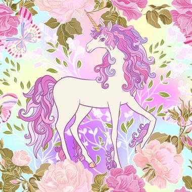 Tek boynuzlu at çok renkli yele, kelebek gökkuşağı, yıldız ve sevgi ile