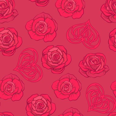 Kırmızı gül ve kırmızı zemin üzerine aşk kalp ile Seamless Modeli