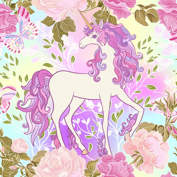 Tek boynuzlu at çok renkli yele, kelebek gökkuşağı, yıldız ve sevgi ile