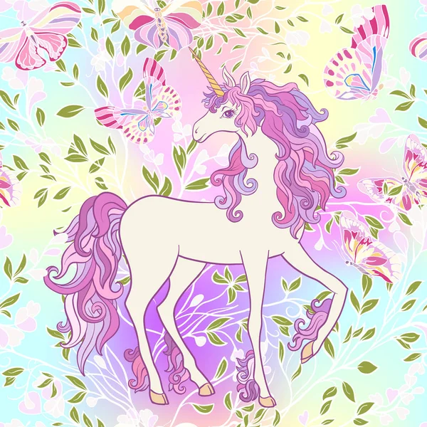 Unicorn dengan surai berwarna-warni, pelangi kupu-kupu, bintang dan cinta - Stok Vektor