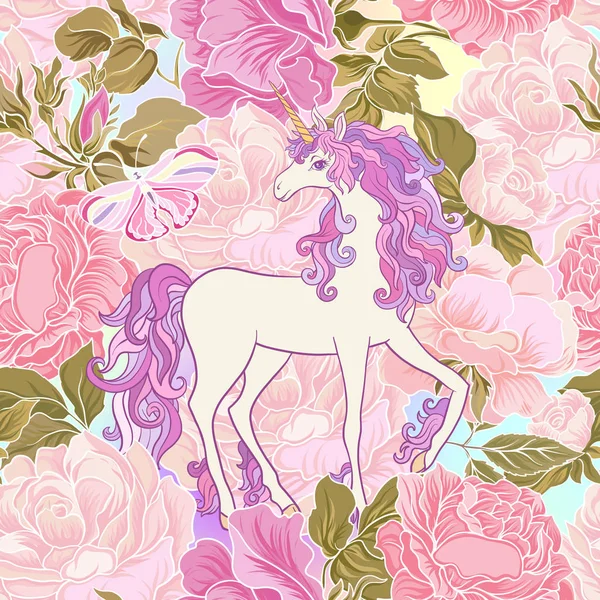 Tek boynuzlu at çok renkli yele, kelebek gökkuşağı, yıldız ve sevgi ile