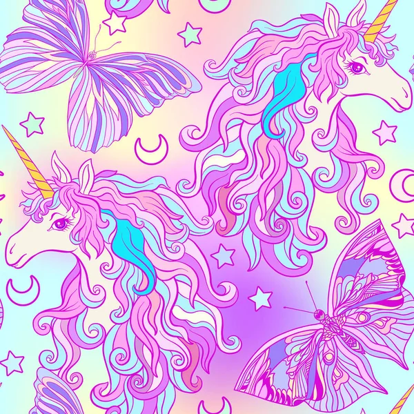 Unicorn cu coamă multicoloră, curcubeu fluture, stea și dragoste — Vector de stoc