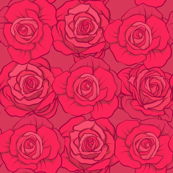 Patrón sin costuras con rosas rojas sobre fondo rojo. vector de stock . — Archivo Imágenes Vectoriales