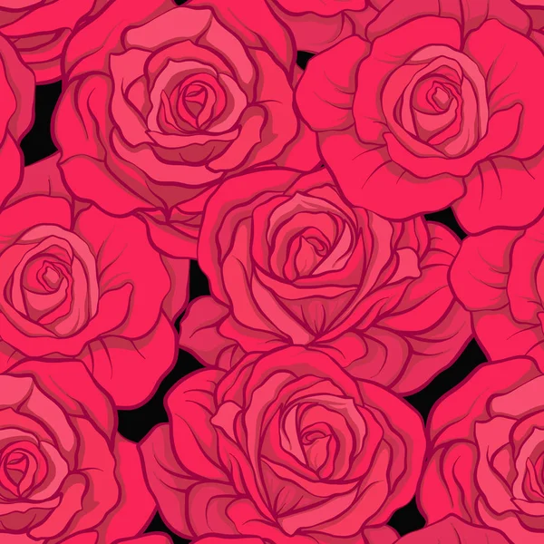 Patrón sin costuras con rosas rojas sobre fondo negro. Stock vecto — Archivo Imágenes Vectoriales