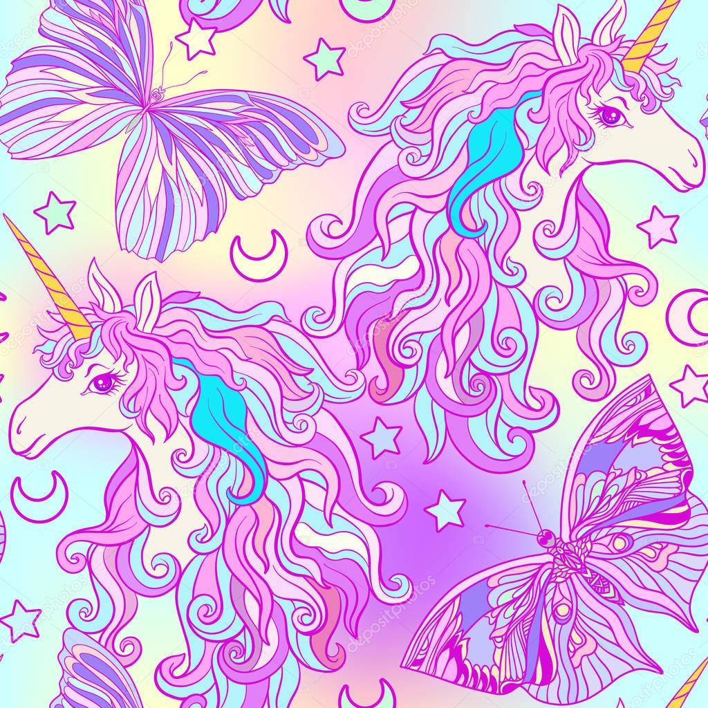 Unicorn with multicolored mane, butterfly rainbow, star and love ...
