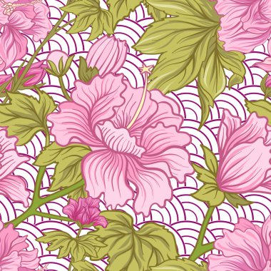 Japon tarzı pembe Şakayık ile Seamless modeli. Vektör hisse senedi