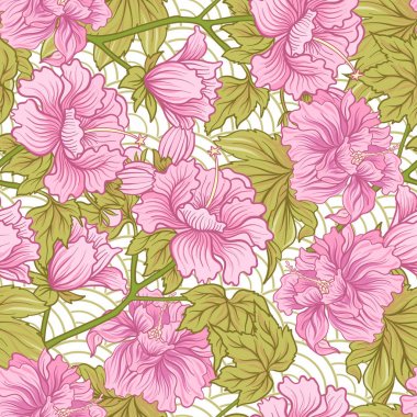 Japon tarzı pembe Şakayık ile Seamless modeli. Vektör hisse senedi