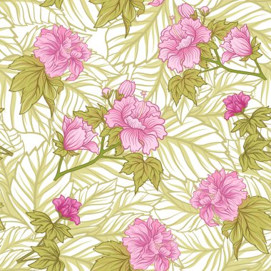 Japon tarzı pembe Şakayık ile Seamless modeli. Vektör hisse senedi