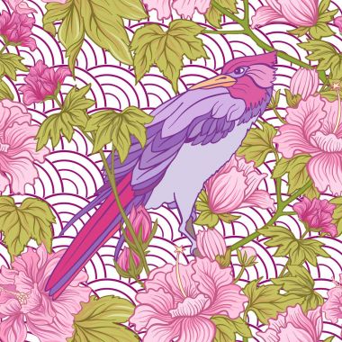 Pembe Şakayık ve kuş Japon tarzı ile Seamless modeli. VEC