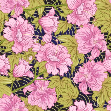 Japon tarzı pembe Şakayık ile Seamless modeli. Vektör hisse senedi