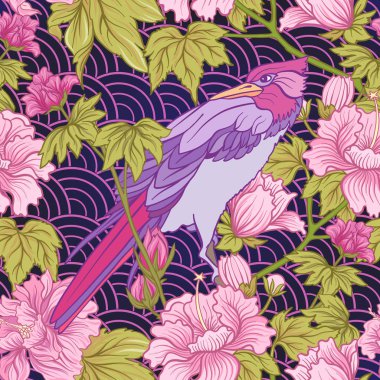 Pembe Şakayık ve kuş Japon tarzı ile Seamless modeli. VEC