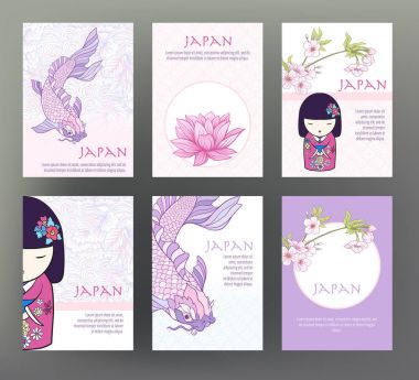 6 kartları ve afiş Japon geleneği semboller, flowe kümesi