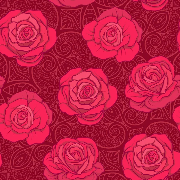 Χωρίς ραφή πρότυπο με κόκκινα τριαντάφυλλα σε φόντο με vintage patte — Διανυσματικό Αρχείο