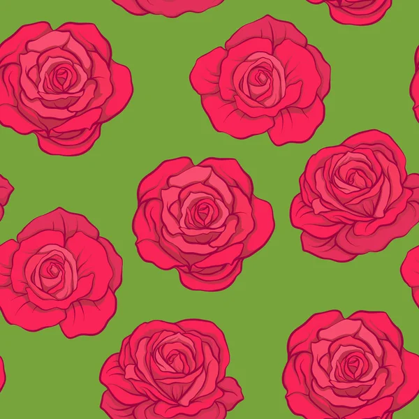 Seamless pattern with red roses on green background. Stock vecto — Stock Vector