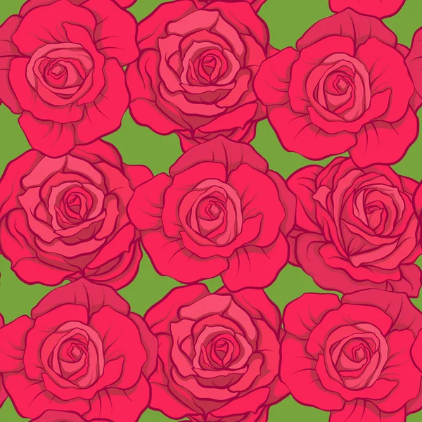 Seamless pattern with red roses on green background. Stock vecto — Stock Vector