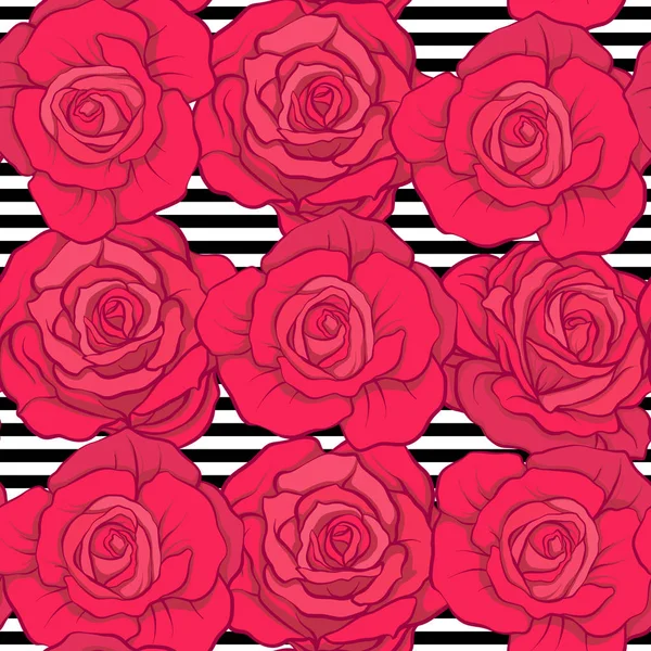 Seamless pattern with red roses on background with black and whi — Stock Vector