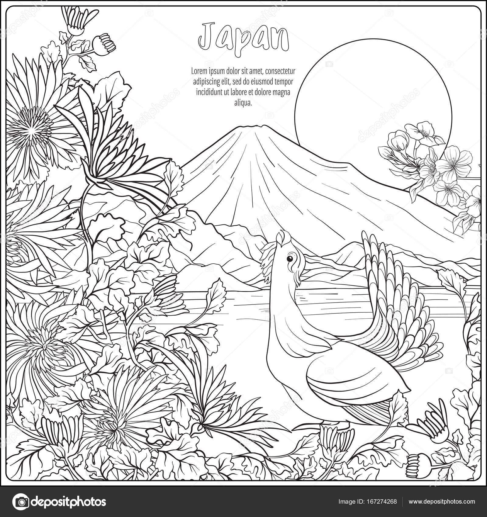Paesaggio giapponese con il Monte Fuji e fiori di tradizione e un uccello Delineare il disegno da colorare Libro da colorare per adulti
