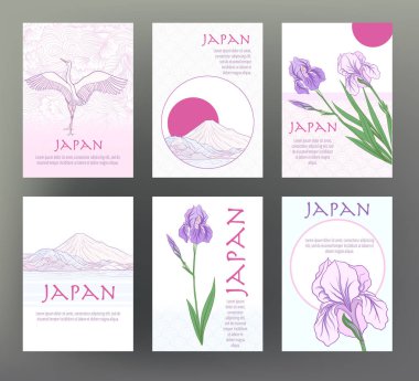 6 kartları ve afiş Japon geleneği semboller, flowe kümesi