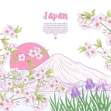 Japon yatay, Fuji Dağı ve gelenek çiçek ve bir b