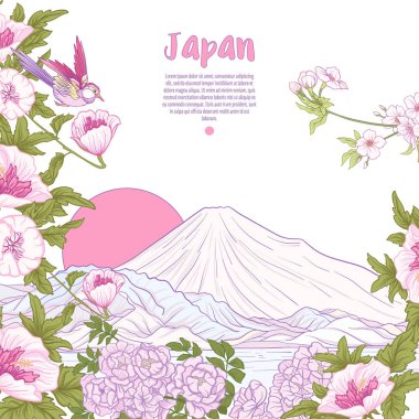 Japon yatay, Fuji Dağı ve gelenek çiçek ve bir b