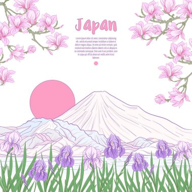 Japon yatay, Fuji Dağı ve gelenek çiçek ve bir b