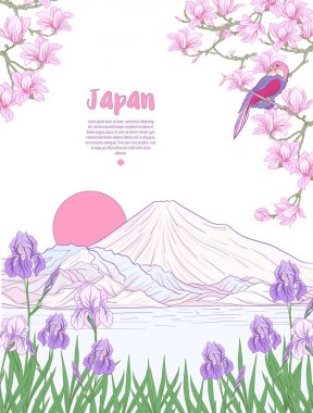 Japon yatay, Fuji Dağı ve gelenek çiçek ve bir b