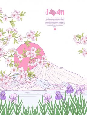 Japon yatay, Fuji Dağı ve gelenek çiçek ve bir b