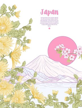 Japon yatay, Fuji Dağı ve gelenek çiçek ve bir b