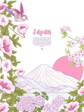 Japon yatay, Fuji Dağı ve gelenek çiçek ve bir b