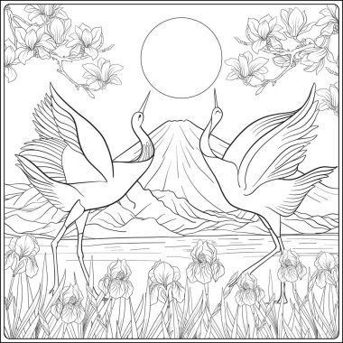 Japon yatay, Fuji Dağı ve gelenek çiçek ve bir b