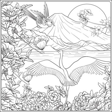 Japon yatay, Fuji Dağı ve gelenek çiçek ve bir b