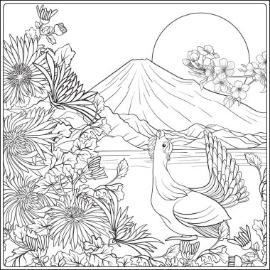 Japon yatay, Fuji Dağı ve gelenek çiçek ve bir b