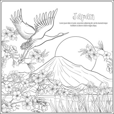 Japon yatay, Fuji Dağı ve gelenek çiçek ve bir b