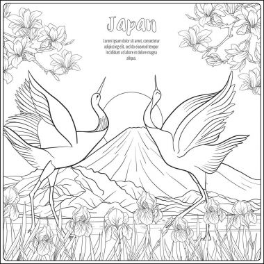 Japon yatay, Fuji Dağı ve gelenek çiçek ve bir b