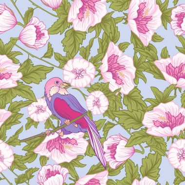 Çiçek ve kuş. Dikişsiz desen, arka plan. Pembe renkli