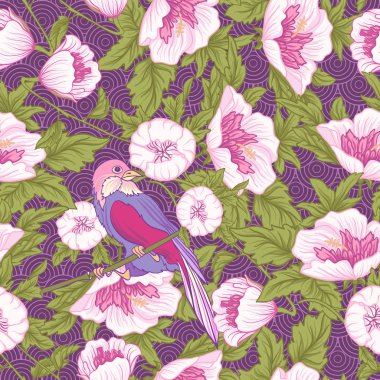 Çiçek ve kuş. Dikişsiz desen, arka plan. Pembe renkli