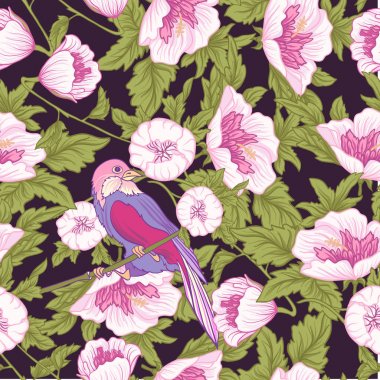 Çiçek ve kuş. Dikişsiz desen, arka plan. Pembe renkli