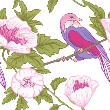 Çiçek ve kuş. Dikişsiz desen, arka plan. Pembe renkli