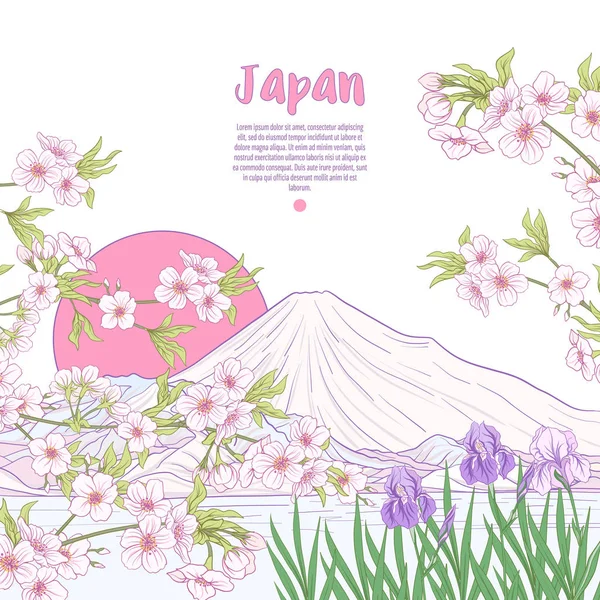 Japanische Landschaft mit Berg Fuji und Tradition Blumen und ein b — Stockvektor