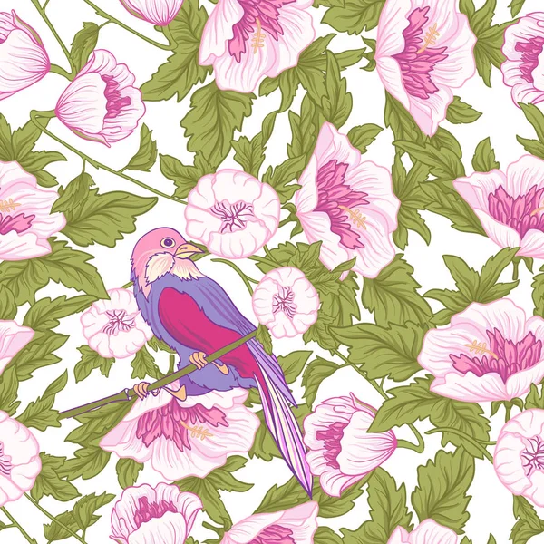 Çiçek ve kuş. Dikişsiz desen, arka plan. Pembe renkli