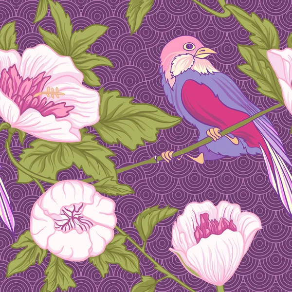Çiçek ve kuş. Dikişsiz desen, arka plan. Pembe renkli