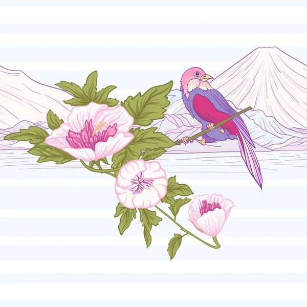 Çiçek ve kuş ve Fuji Dağı. Dikişsiz desen, arka plan. C